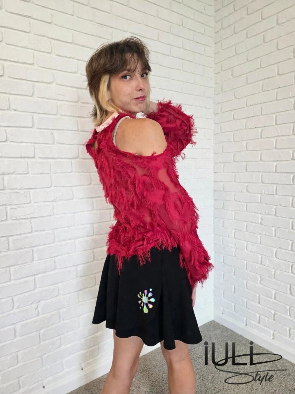 Red Fringed Mesh Cold Shoulder Long Sleeve Top